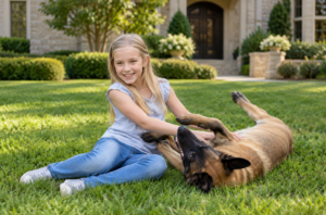 Girl playing with a Belgian Malinois on the grass.