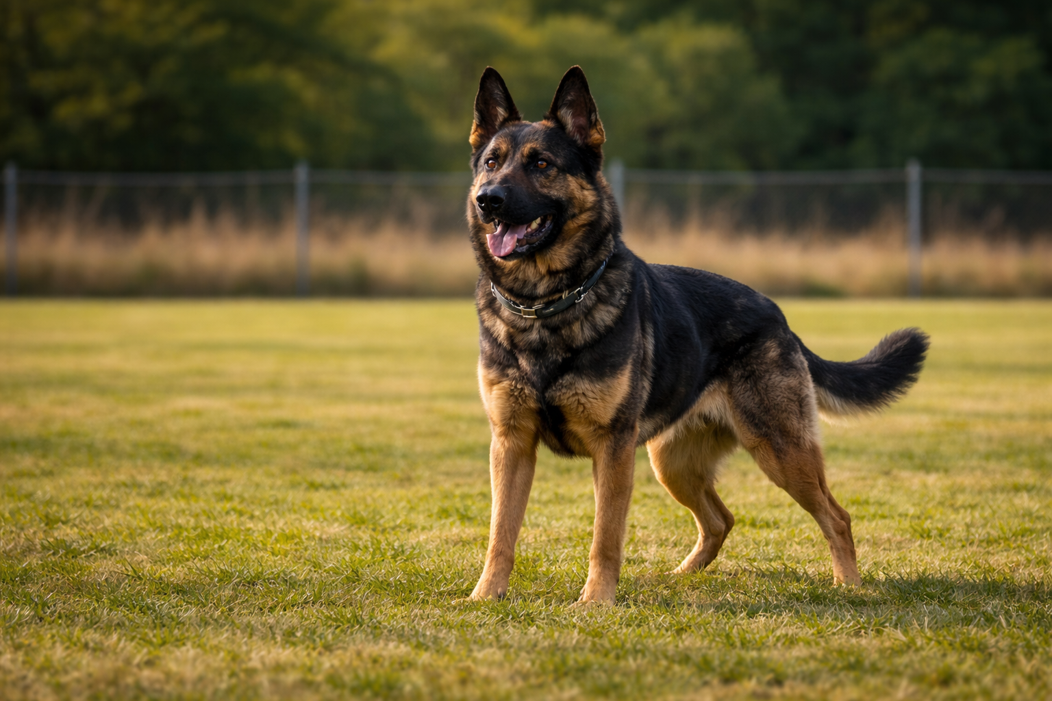 A trained German Shepherd protection dog in a field of grass.