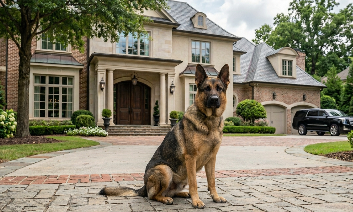 A Scott's K9 protection dog available in Atlanta, Georgia, stands outdoors.