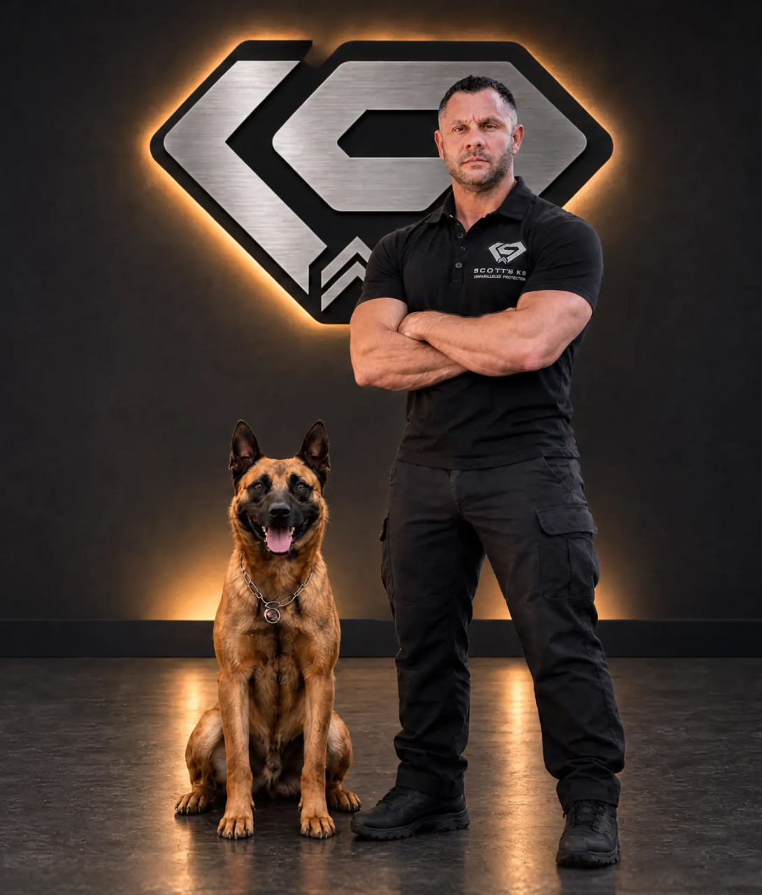 Studio shot of Steve Scott with a Belgian Malinois