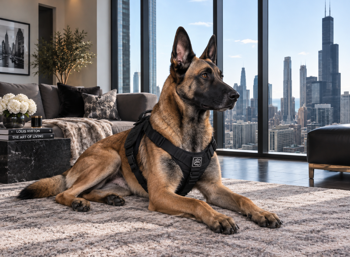 Fully trained Belgian Malinois protection dog in a Chicago, IL residence.