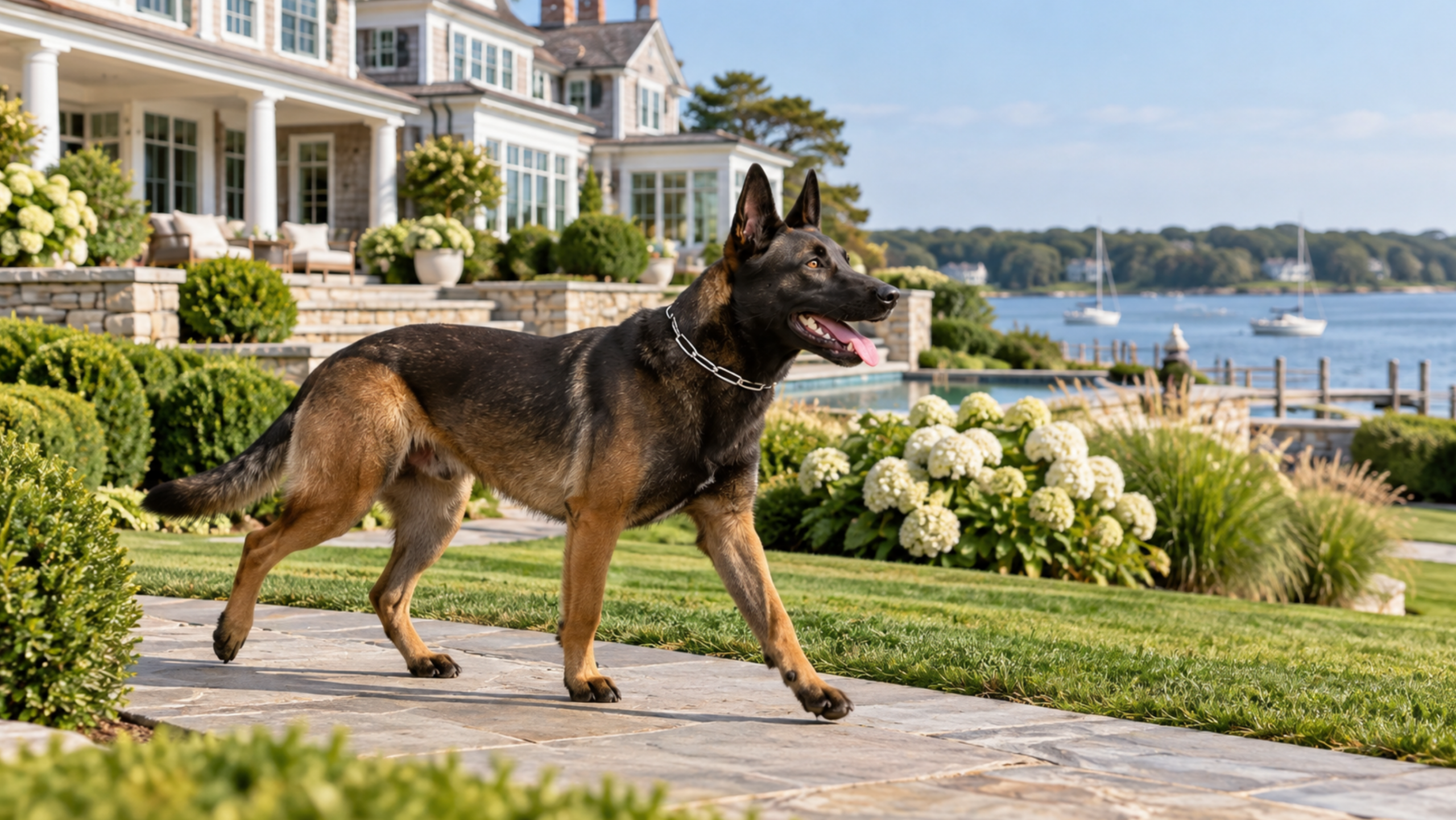 Belgian Malinois protection dog patrolling a luxury Hamptons waterfront estate.